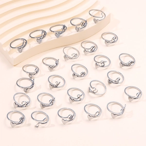 Adjustable silver stainless steel open rings set featuring 26 heart-shaped initial letters
