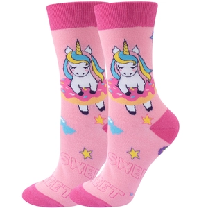 Pink crew socks featuring cartoon unicorn and donut patterns with Sweet text detail