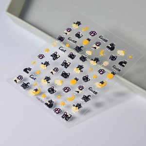 3D embossed black cat and moon nail stickers with stars and yarn elements on transparent base