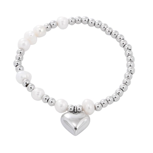 Elegant stainless steel bracelet with white pearls and a heart-shaped silver pendant