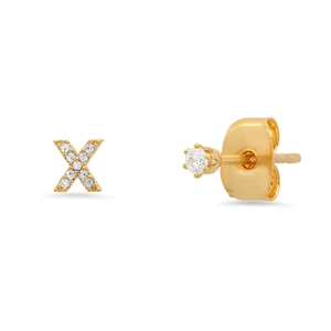 Macro detail of gold S925 silver stud earring featuring letter X and sparkling diamonds