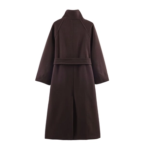 Back view of a long dark brown wool coat with a tied waist belt on white background