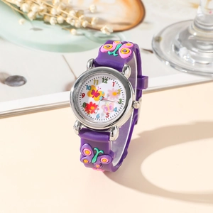 Kids purple silicone quartz watch with 3D butterfly strap and floral dial display