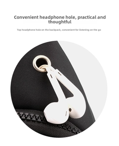 Detail view of the Oxford cloth shoulder bag featuring a built-in metal headphone port