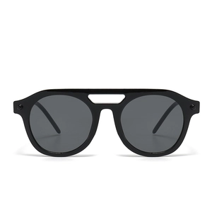 Classic black pilot sunglasses with double bridge design and dark grey UV lenses