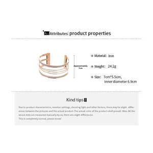 Detailed spec sheet showing rose gold multilayer open cuff bracelet with dimensions and weight