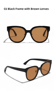 Detail view of oversized square sunglasses in C6 black frame with brown tinted lenses