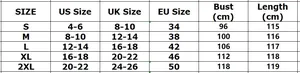 Size chart showing bust and length measurements for women's long sleeve wool coat
