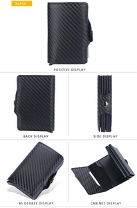 Detail view of carbon fiber RFID card holder showing multiple angles and magnetic closure