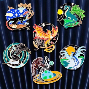 Set of 6 vintage dragon enamel pins featuring intricate fantasy designs and metal edges
