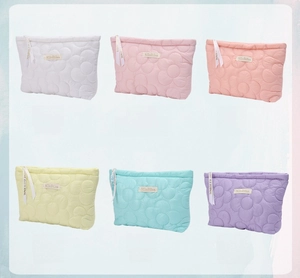 Six-piece quilted cosmetic bag set featuring floral patterns and ribbon details