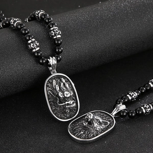 Men's Beaded Necklace With Stainless Steel Dragon Wolf Head Pendant Punk Retro Style Round Bead Chain