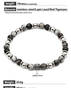 Detail showing 7mm stone bead bracelet length of 19cm with stainless steel spacer beads