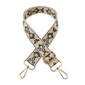 Ethnic style adjustable shoulder strap with floral embroidery and golden metal hardware