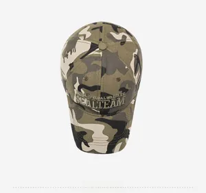 Top down view of jungle camouflage baseball cap with Naval Special Warfare 3D embroidery