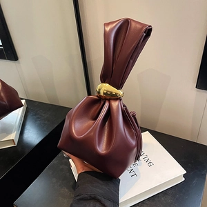 Women Ruched PU Leather Handbag With Gold Metal Ring Drawstring Pleated Bucket Bag Elegant Evening Clutch