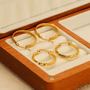 Hoop Earrings For Women 18K Gold Plated 304 Stainless Steel Greek Key Pattern Diagonal Texture Geometric Minimalism Jewelry