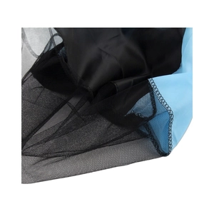 Large hand-thrown parachute toy with black mesh fabric and blue stitching details