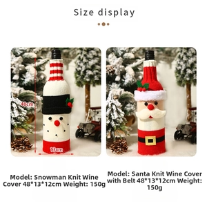 Detail of knitted Christmas wine bottle covers with snowman and Santa belt patterns
