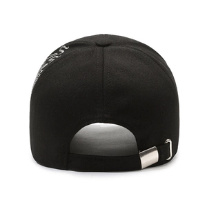 Rear view of black baseball cap with Chinese dragon embroidery and adjustable metal buckle
