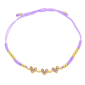 Handmade woven heart bracelet with purple zircon pendants and adjustable gold beads