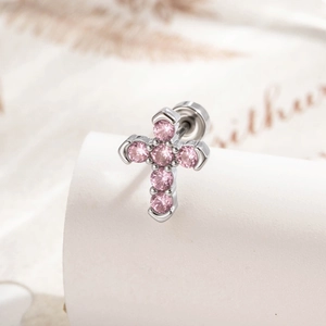Cross cartilage stud earring with pink zircon inlay in a silver-tone metallic finish