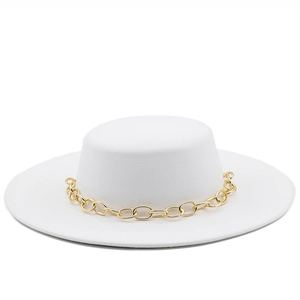 Vintage Flat Top Wide Brim Boater Hat With Gold Metal Chain Polyester Cotton Felt Style For Women Men Elegance Jazz Hat