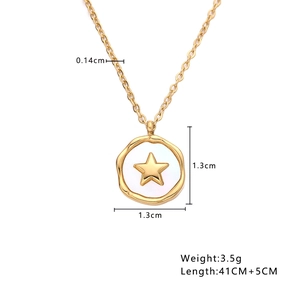 Detail of gold star pendant necklace with 1.3cm shell disc and 41+5cm steel chain
