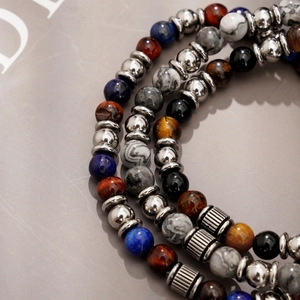 7mm natural stone beads bracelet set with tiger eye, agate and silver metal accents