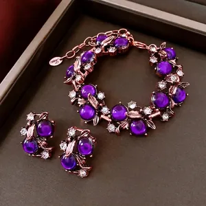 Vintage Hohle Blume Schmuck Lila Strass Legierung Ohrringe Und Armband Für Damen Elegante Retro Stil Schmuck