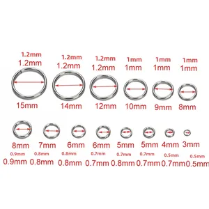 Size chart showing 14 types of stainless steel jump rings with wire and outer diameters