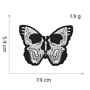 Detailed embroidery view of black and white skull butterfly patch with size dimensions