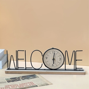 Creative iron WELCOME tabletop clock with a natural wood base for modern home decor