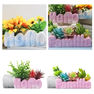 Silicone Mold Set With Wood Support For Succulent Planter Flower Pot Candle Holder Handmade Letter Embossed Plaster Casting