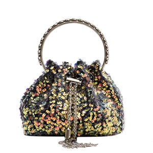Sparkly sequin bucket bag with round metal handle and tassel drawstring closure