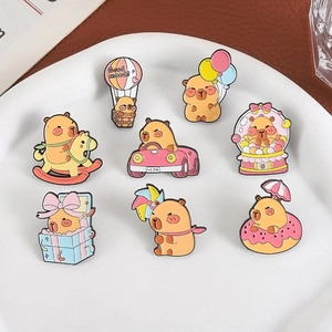 Cute capybara enamel pin set featuring eight various animal cartoon scenes for children