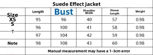 Detailed size chart for faux suede coat including length, chest and shoulder measurements