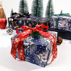 Papier cadeau de Noël étanche premium avec décor de neige bleu et ruban rouge élégant