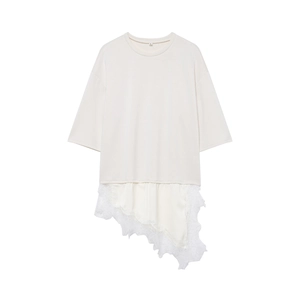 Damen Kurzarm T-Shirt Rundhals Gespleißter Saum Spitze Asymmetrisch Irregulär Lässiges Lockeres Top Elegant Sommer