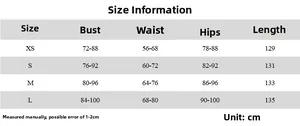 Detailed size chart for mesh slit dress showing bust, waist, and hips in centimeters