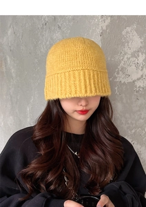 Detail of yellow ribbed knit bucket hat showing thick texture and warm winter design