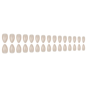 Glossy almond-shaped press-on nails in nude pink color, 24 pieces set on white background