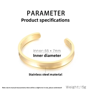 Detailed specs of the gold stainless steel open cuff bracelet with dimensions and weight