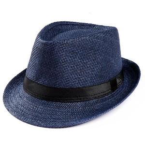 Detail of navy blue straw fedora with fine woven texture and black satin ribbon band