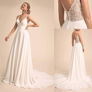 Ivory White Chiffon Wedding Dress Deep V Neck Spaghetti Straps Lace Backless A-Line Bridal Gown With Train Artificial Pearl Buttons