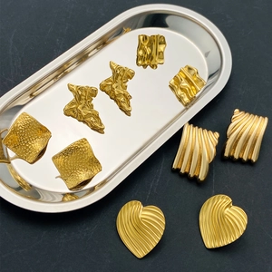 Minimalist gold titanium steel earrings set with wrinkled and geometric heart patterns