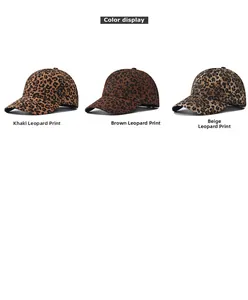Three leopard print baseball caps in khaki, brown and beige colors with curved brims