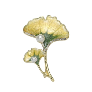 Elegant gold ginkgo leaf brooch with enamel gradient, rhinestones and white pearls