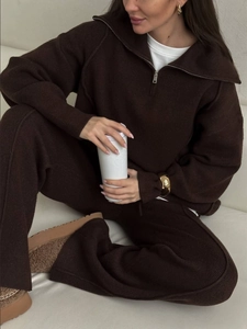 Women's dark coffee knit two-piece set featuring half-zip sweater and wide-leg pants