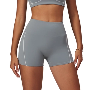 Short de yoga bleu taille haute pour femme avec coutures blanches contrastées et coupe fit